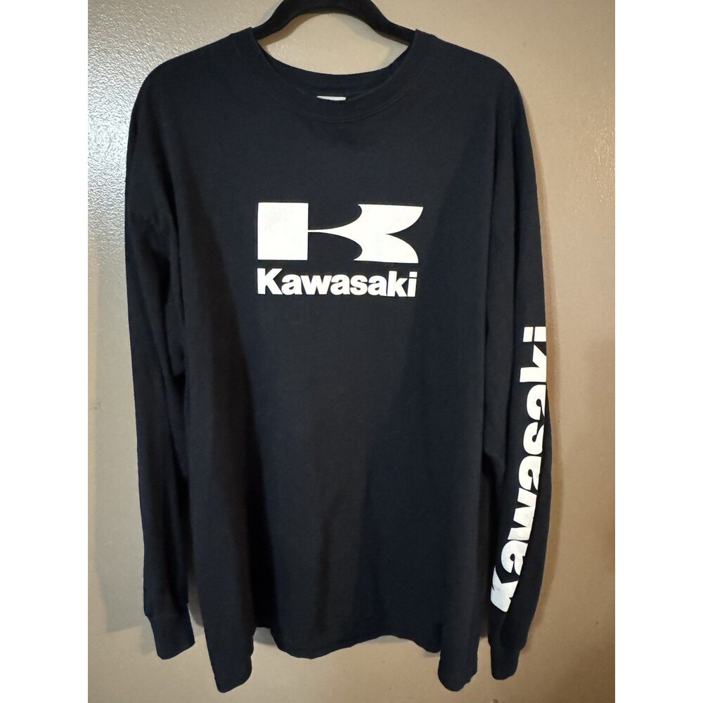 Kawasaki Motorcycles Men's 2XL Preshrunk Long Sleeve T-Shirt Logo Black Y2K EUC